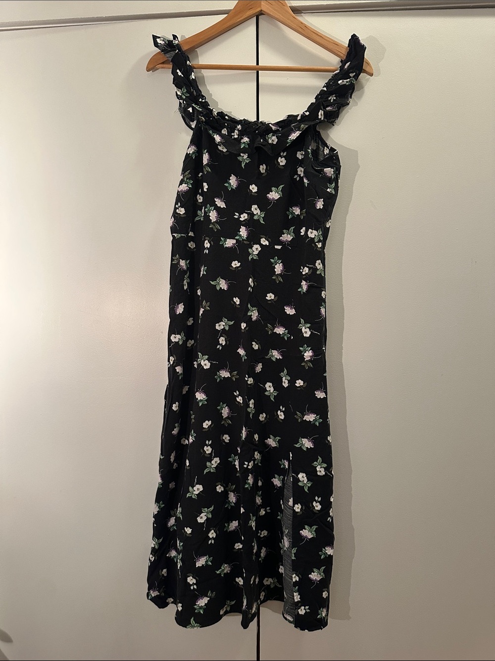 LOFT Black Floral Ruffle-Shoulder Maxi Dress